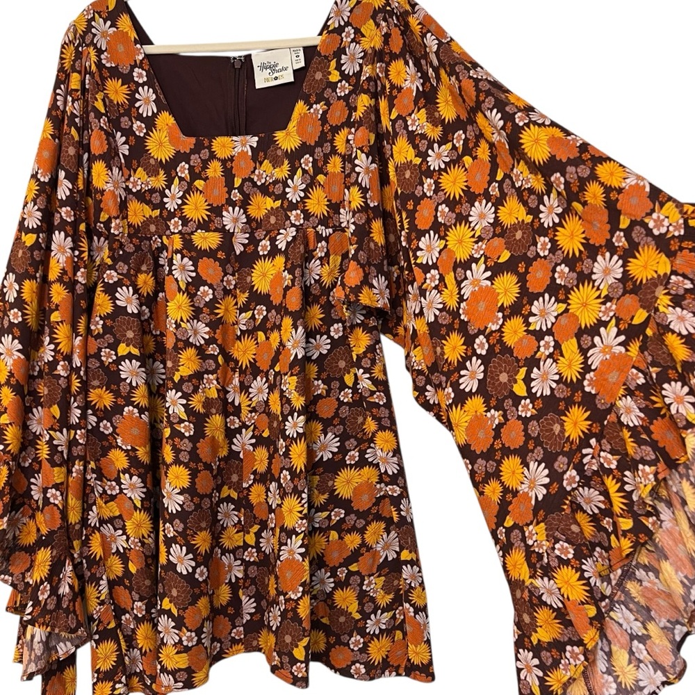 Boho Floral Mini Dress in Brown & Orange - Picture 2 of 6